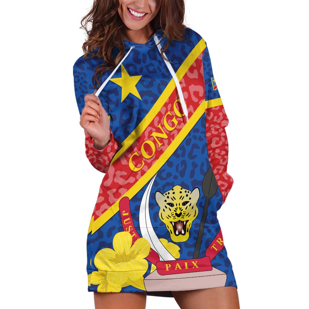 Congo DR Hoodie Dress Coat Of Arms Leopard Pattern - Wonder Print Shop