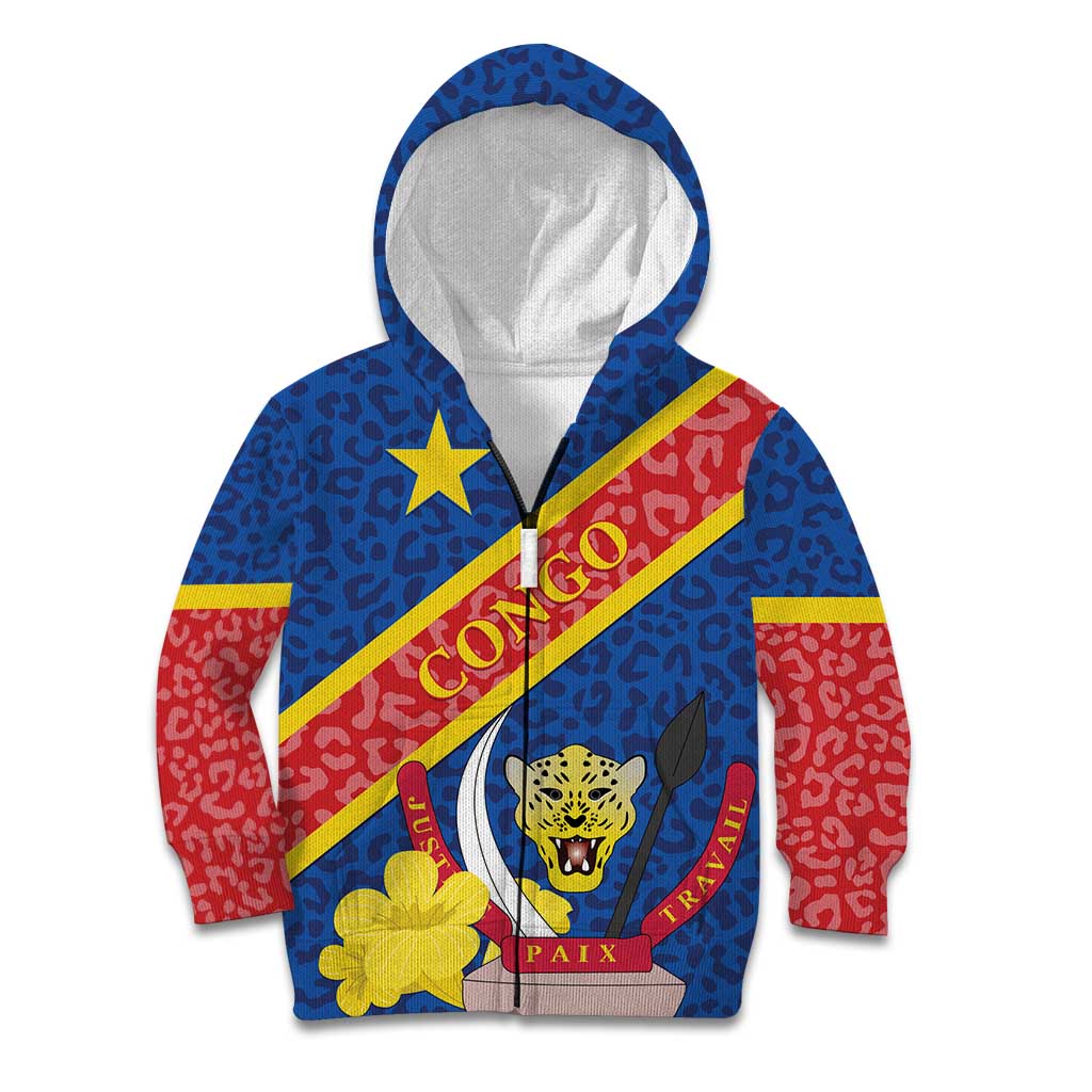 Congo DR Kid Hoodie Coat Of Arms Leopard Pattern - Wonder Print Shop