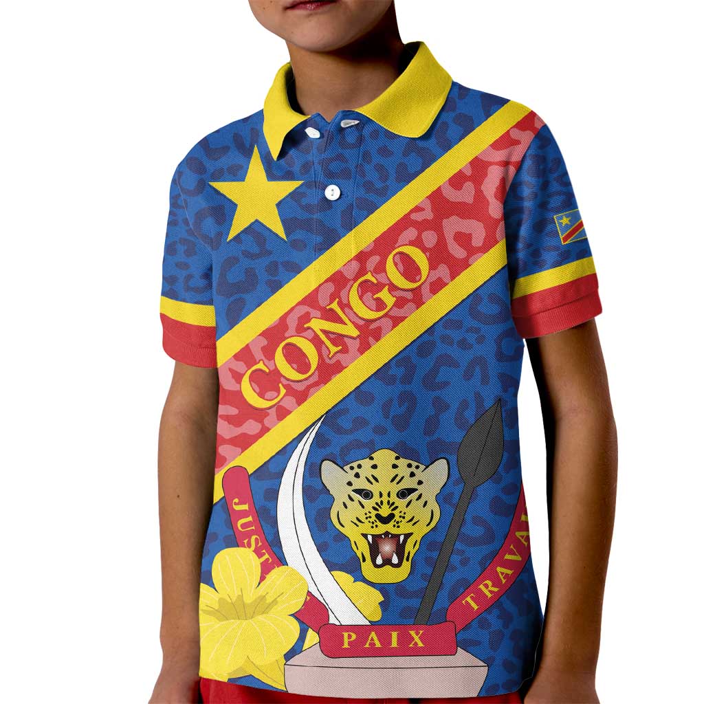 Congo DR Kid Polo Shirt Coat Of Arms Leopard Pattern - Wonder Print Shop