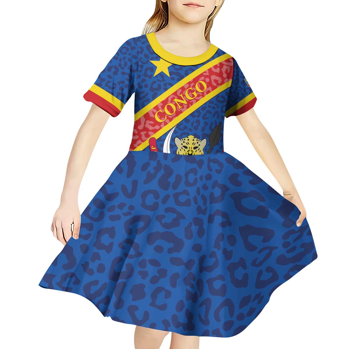 Congo DR Kid Short Sleeve Dress Coat Of Arms Leopard Pattern - Wonder Print Shop