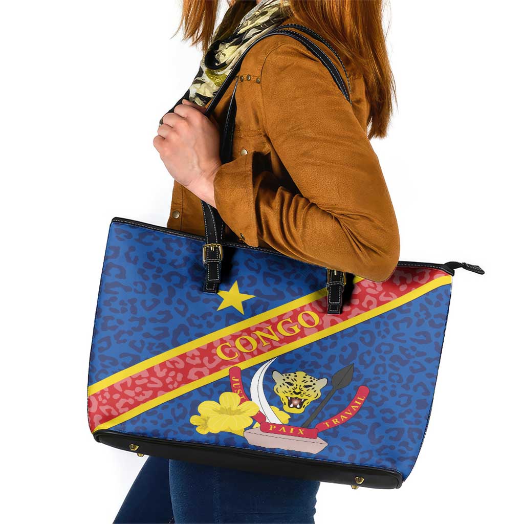 Congo DR Leather Tote Bag Coat Of Arms Leopard Pattern - Wonder Print Shop