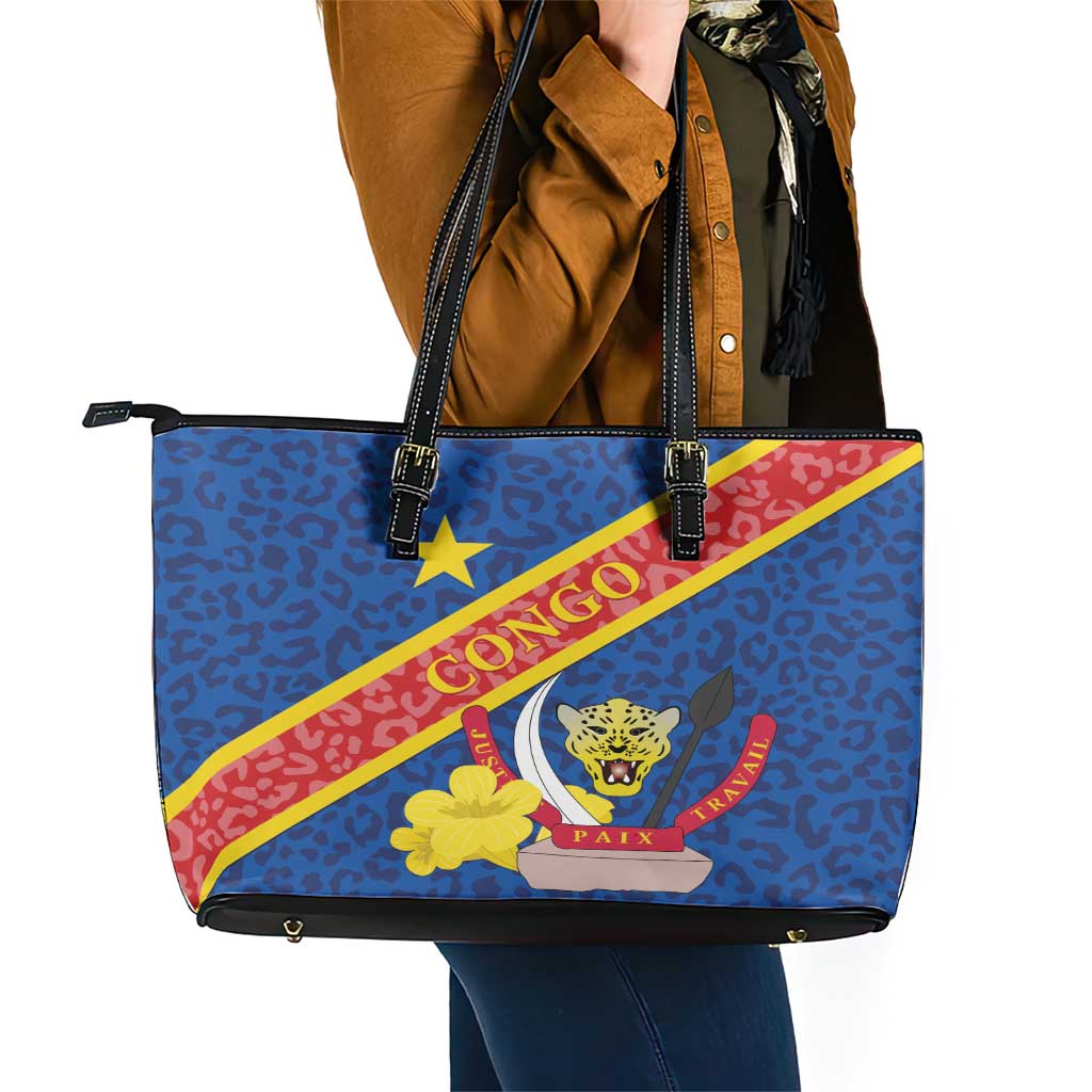 Congo DR Leather Tote Bag Coat Of Arms Leopard Pattern - Wonder Print Shop