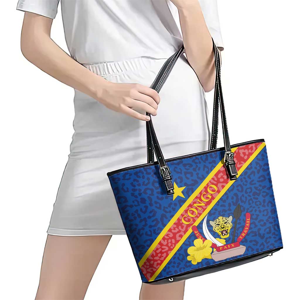 Congo DR Leather Tote Bag Coat Of Arms Leopard Pattern - Wonder Print Shop