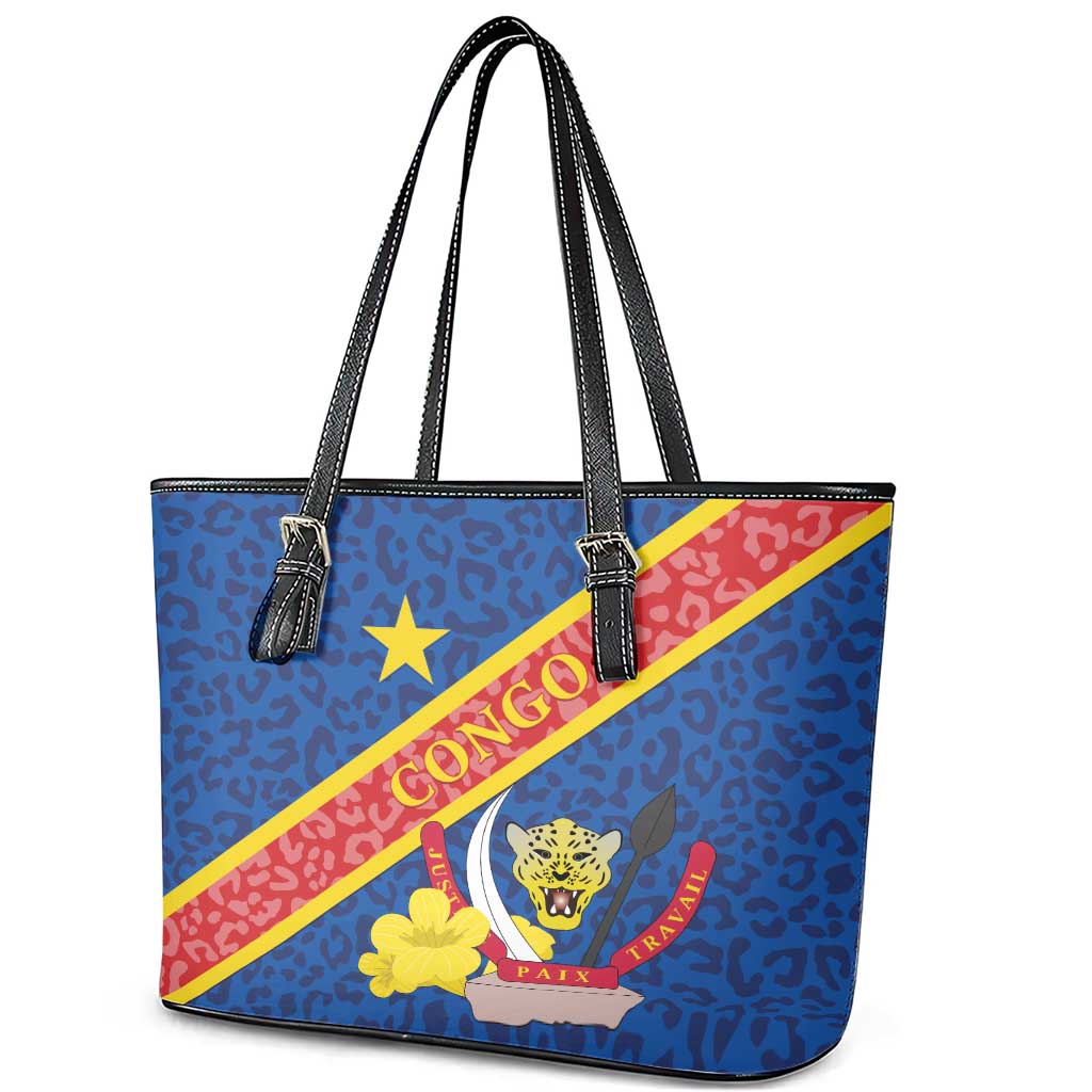 Congo DR Leather Tote Bag Coat Of Arms Leopard Pattern - Wonder Print Shop