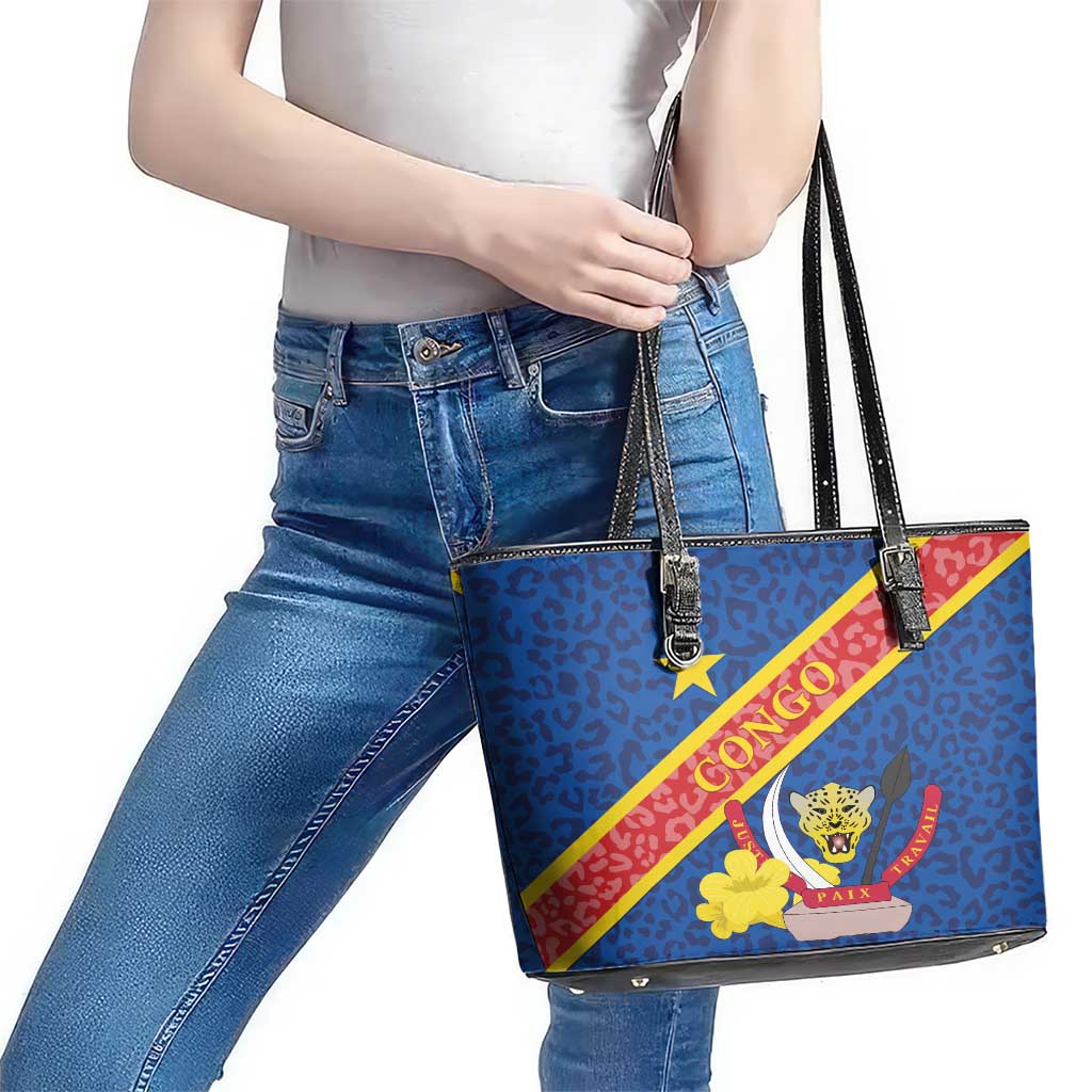 Congo DR Leather Tote Bag Coat Of Arms Leopard Pattern - Wonder Print Shop