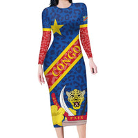 Congo DR Long Sleeve Bodycon Dress Coat Of Arms Leopard Pattern - Wonder Print Shop