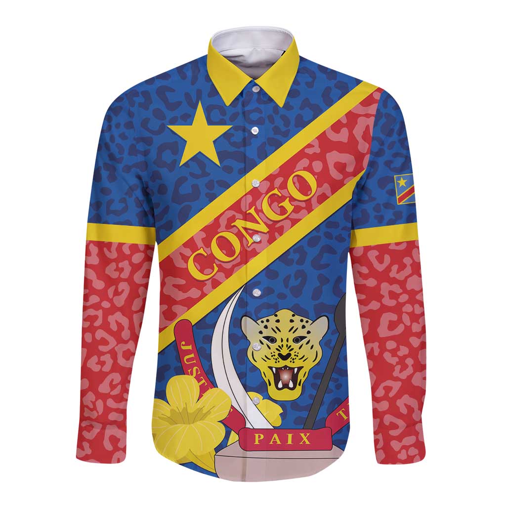 Congo DR Long Sleeve Button Shirt Coat Of Arms Leopard Pattern - Wonder Print Shop