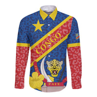 Congo DR Long Sleeve Button Shirt Coat Of Arms Leopard Pattern - Wonder Print Shop