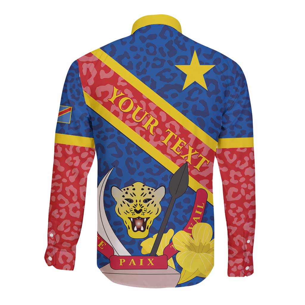 Congo DR Long Sleeve Button Shirt Coat Of Arms Leopard Pattern - Wonder Print Shop