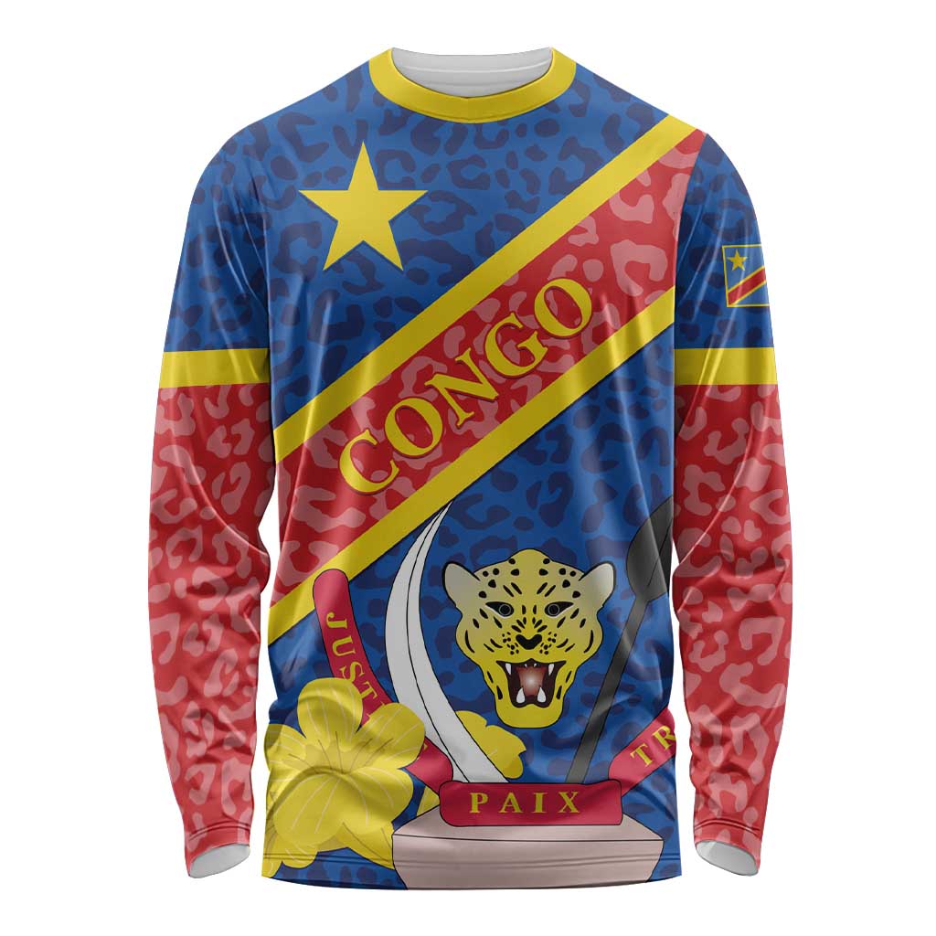 Congo DR Long Sleeve Shirt Coat Of Arms Leopard Pattern - Wonder Print Shop