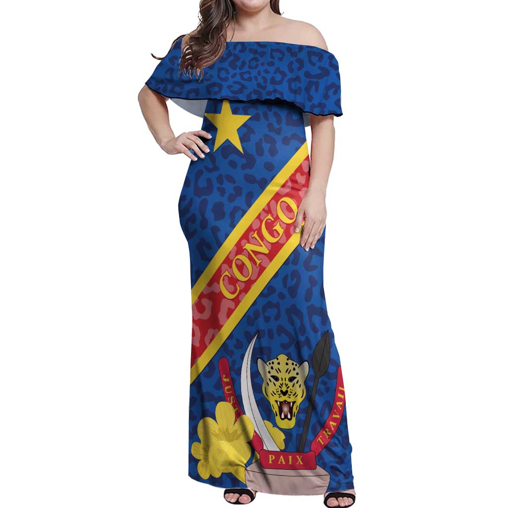 Congo DR Off Shoulder Maxi Dress Coat Of Arms Leopard Pattern - Wonder Print Shop