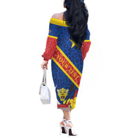 Congo DR Off The Shoulder Long Sleeve Dress Coat Of Arms Leopard Pattern - Wonder Print Shop