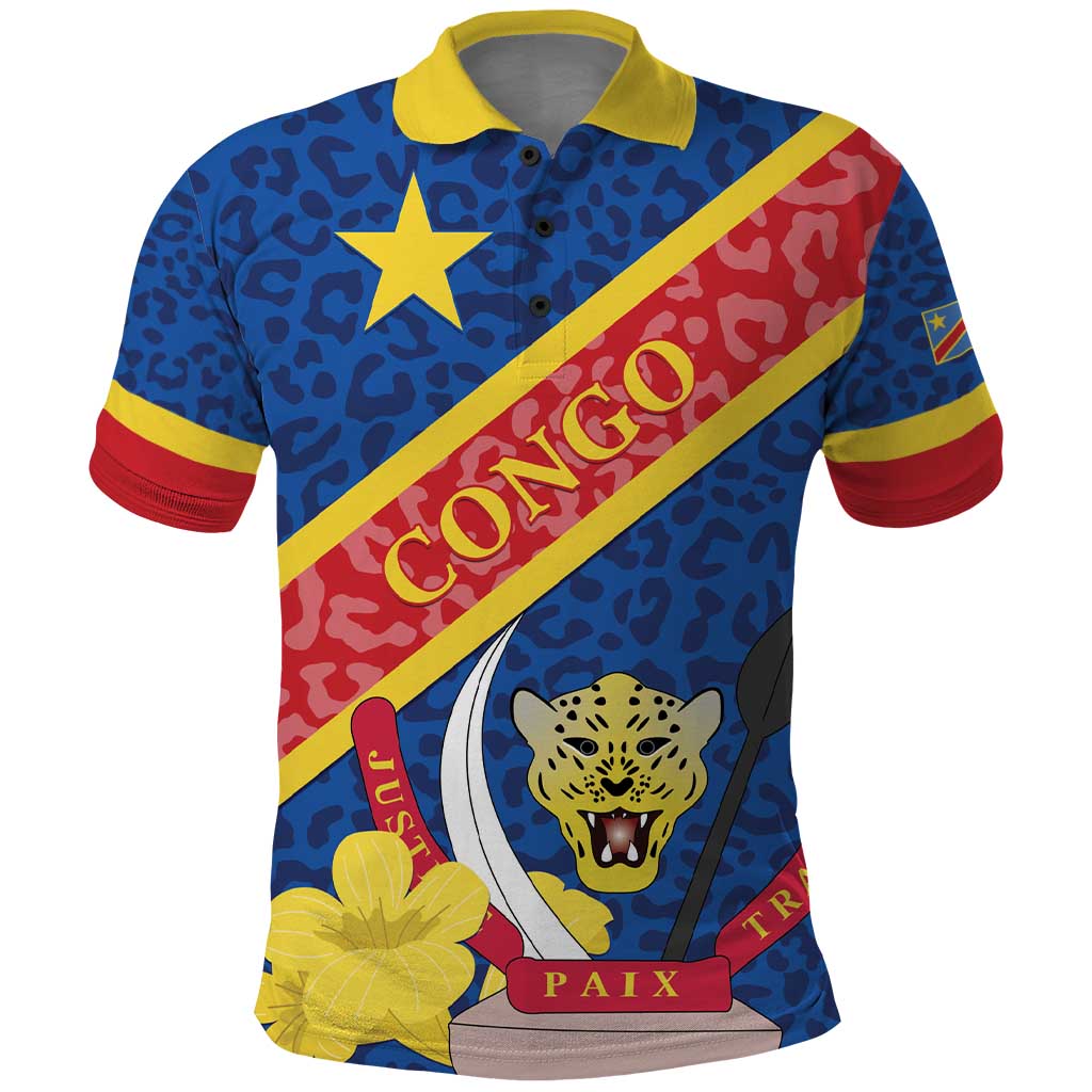 Congo DR Polo Shirt Coat Of Arms Leopard Pattern - Wonder Print Shop