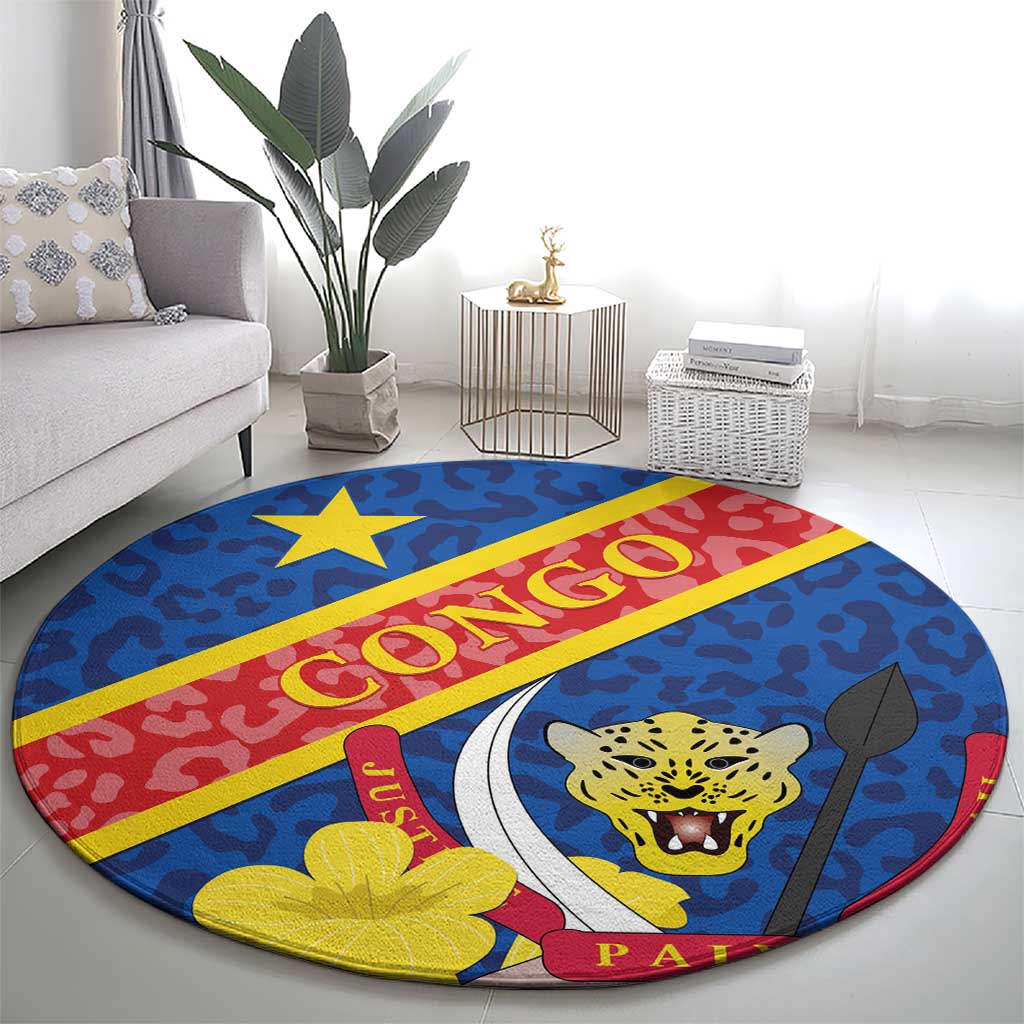 Congo DR Round Carpet Coat Of Arms Leopard Pattern