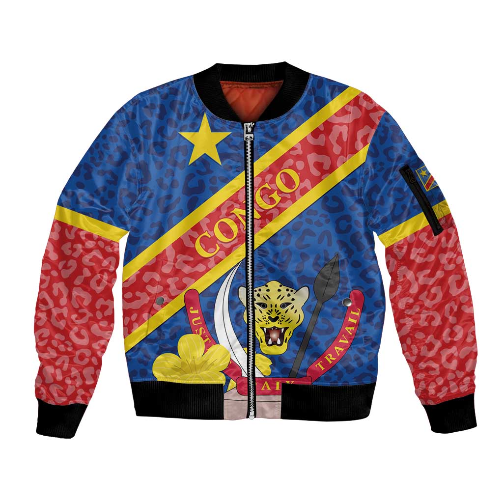 Congo DR Sleeve Zip Bomber Jacket Coat Of Arms Leopard Pattern - Wonder Print Shop