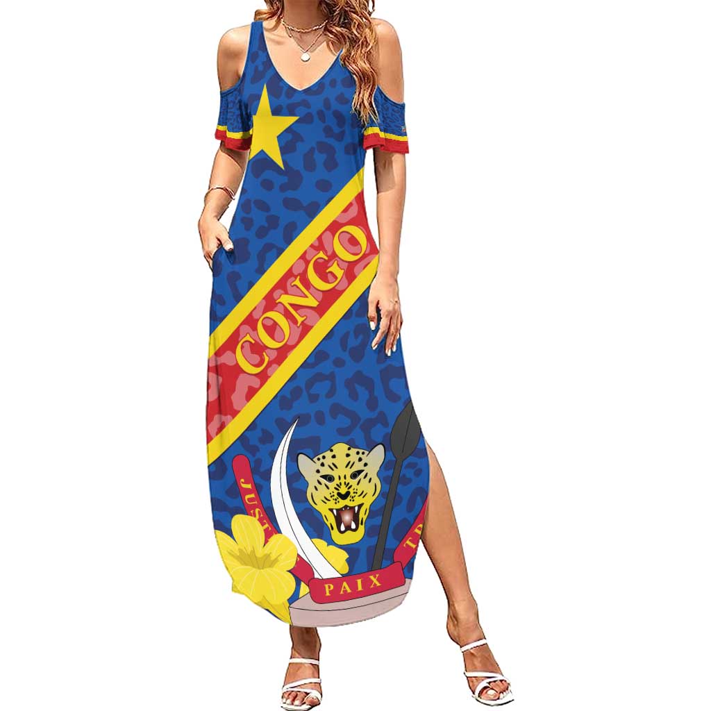 Congo DR Summer Maxi Dress Coat Of Arms Leopard Pattern - Wonder Print Shop