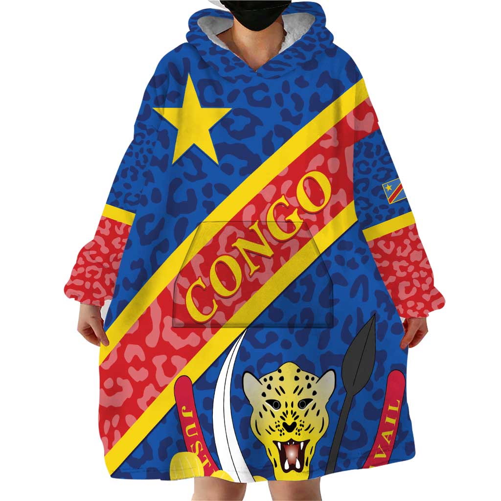 Congo DR Wearable Blanket Hoodie Coat Of Arms Leopard Pattern - Wonder Print Shop