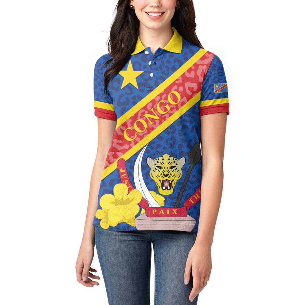 Congo DR Women Polo Shirt Coat Of Arms Leopard Pattern - Wonder Print Shop