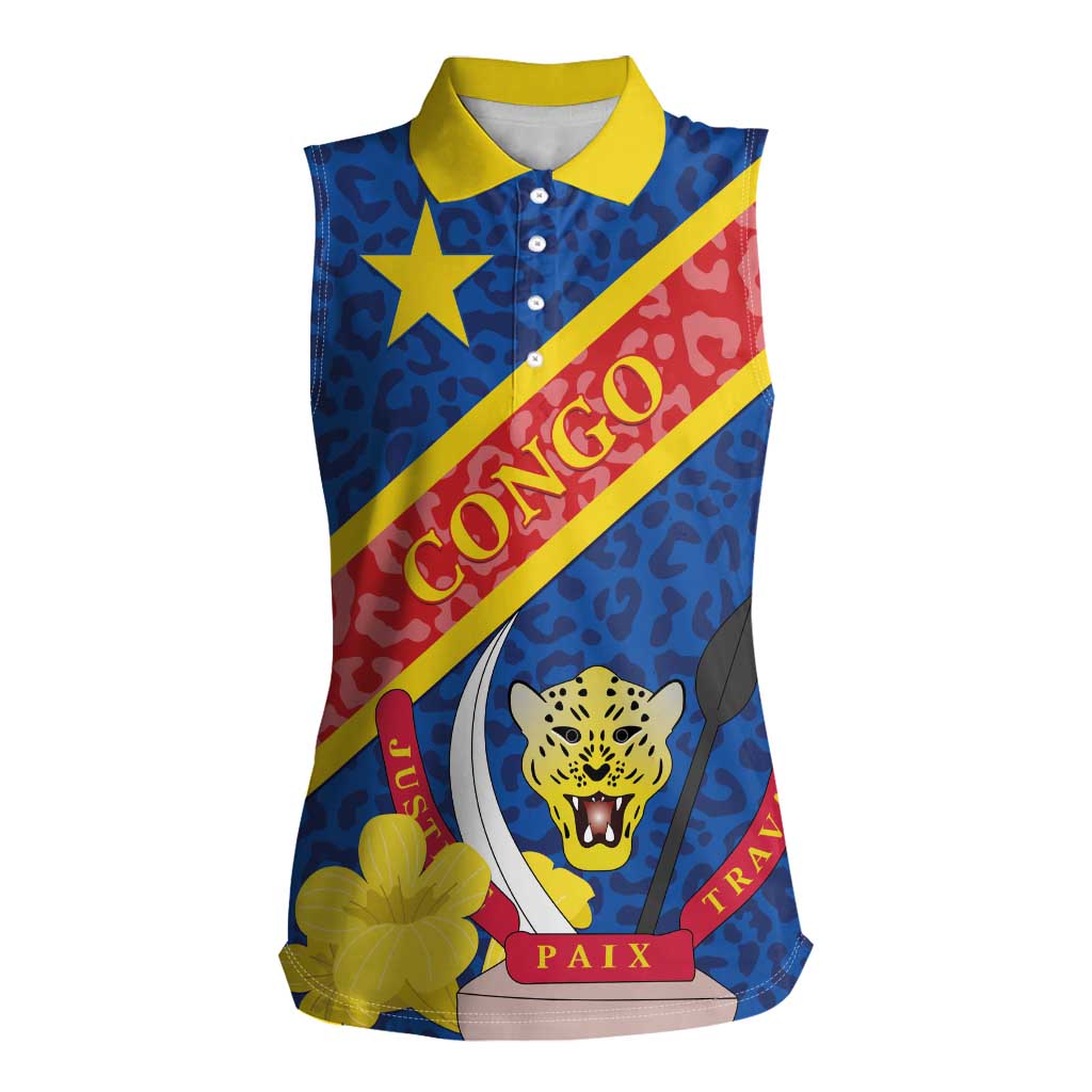 Congo DR Women Sleeveless Polo Shirt Coat Of Arms Leopard Pattern - Wonder Print Shop