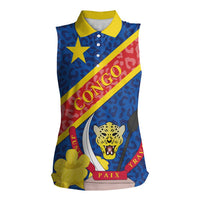 Congo DR Women Sleeveless Polo Shirt Coat Of Arms Leopard Pattern - Wonder Print Shop