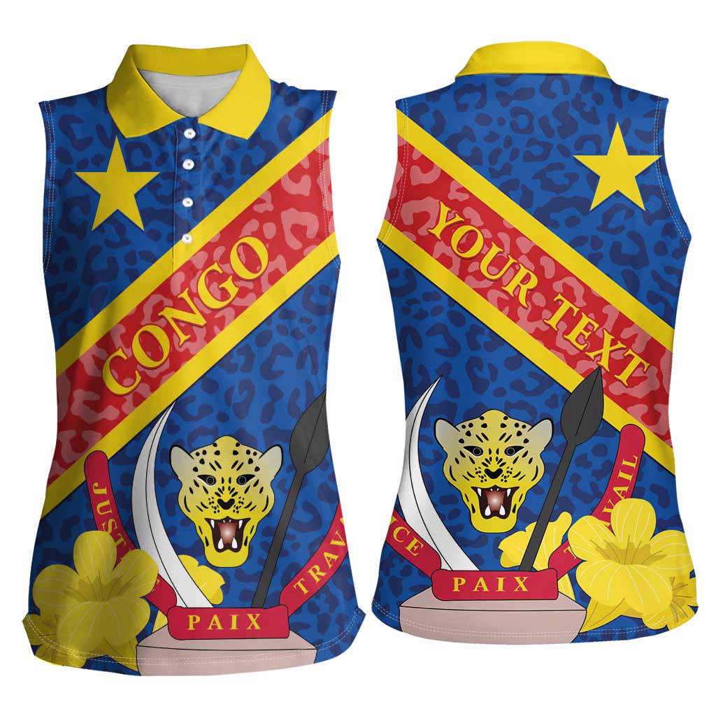 Congo DR Women Sleeveless Polo Shirt Coat Of Arms Leopard Pattern - Wonder Print Shop