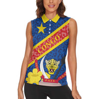 Congo DR Women Sleeveless Polo Shirt Coat Of Arms Leopard Pattern - Wonder Print Shop