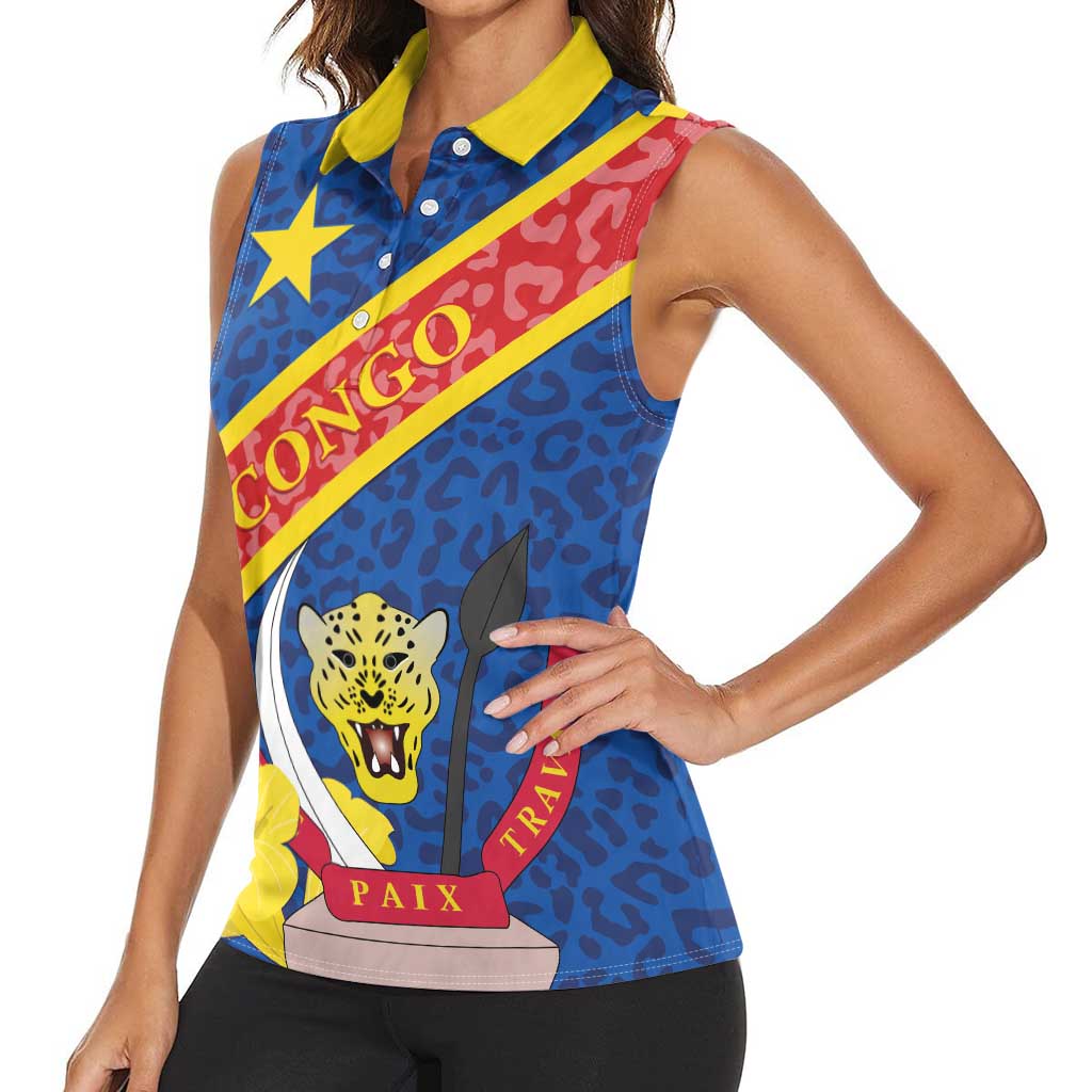 Congo DR Women Sleeveless Polo Shirt Coat Of Arms Leopard Pattern - Wonder Print Shop