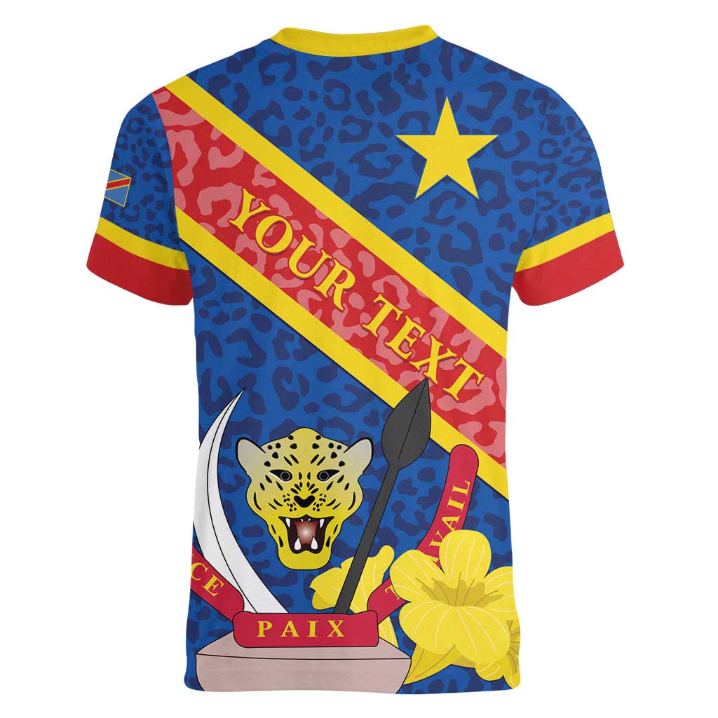 Congo DR Women V-Neck T-Shirt Coat Of Arms Leopard Pattern - Wonder Print Shop