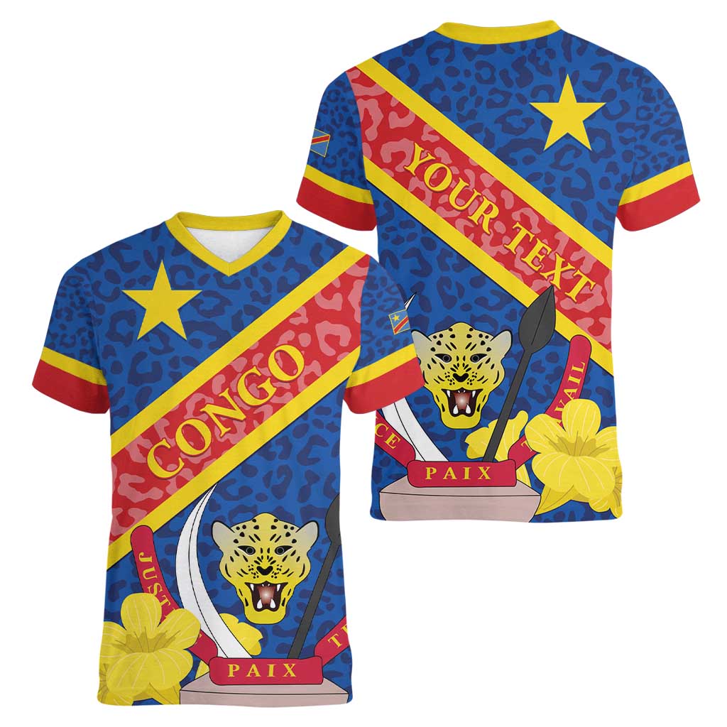 Congo DR Women V-Neck T-Shirt Coat Of Arms Leopard Pattern - Wonder Print Shop