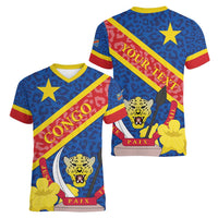 Congo DR Women V-Neck T-Shirt Coat Of Arms Leopard Pattern - Wonder Print Shop