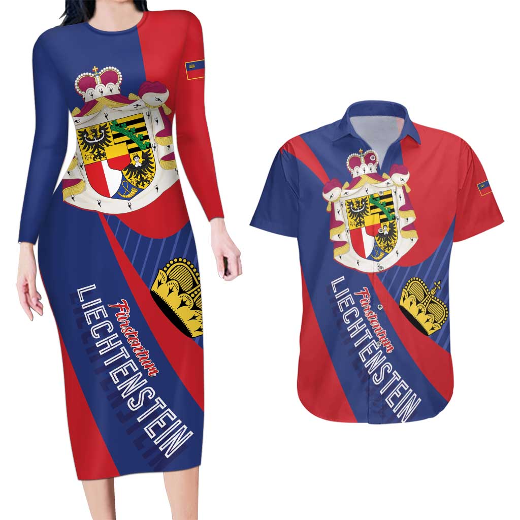 Liechtenstein Couples Matching Long Sleeve Bodycon Dress and Hawaiian Shirt Coat Of Arms Blue Red Color - Wonder Print Shop