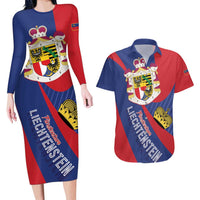 Liechtenstein Couples Matching Long Sleeve Bodycon Dress and Hawaiian Shirt Coat Of Arms Blue Red Color - Wonder Print Shop