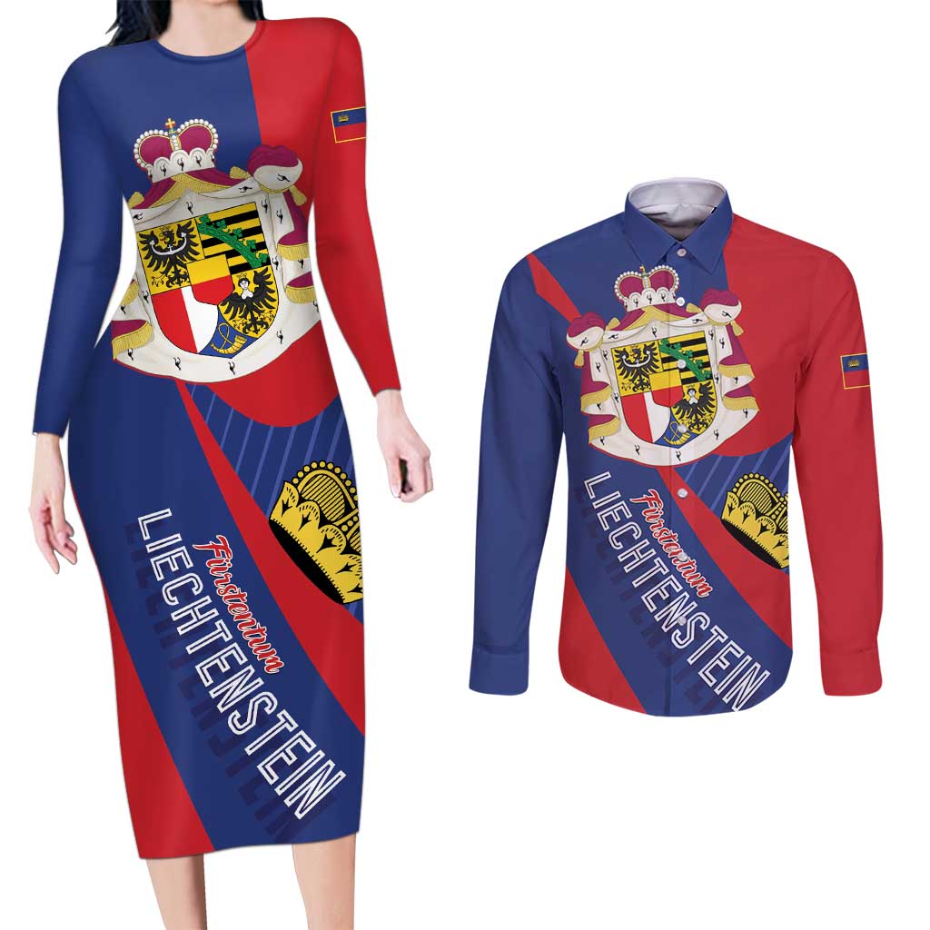 Liechtenstein Couples Matching Long Sleeve Bodycon Dress and Long Sleeve Button Shirt Coat Of Arms Blue Red Color - Wonder Print Shop