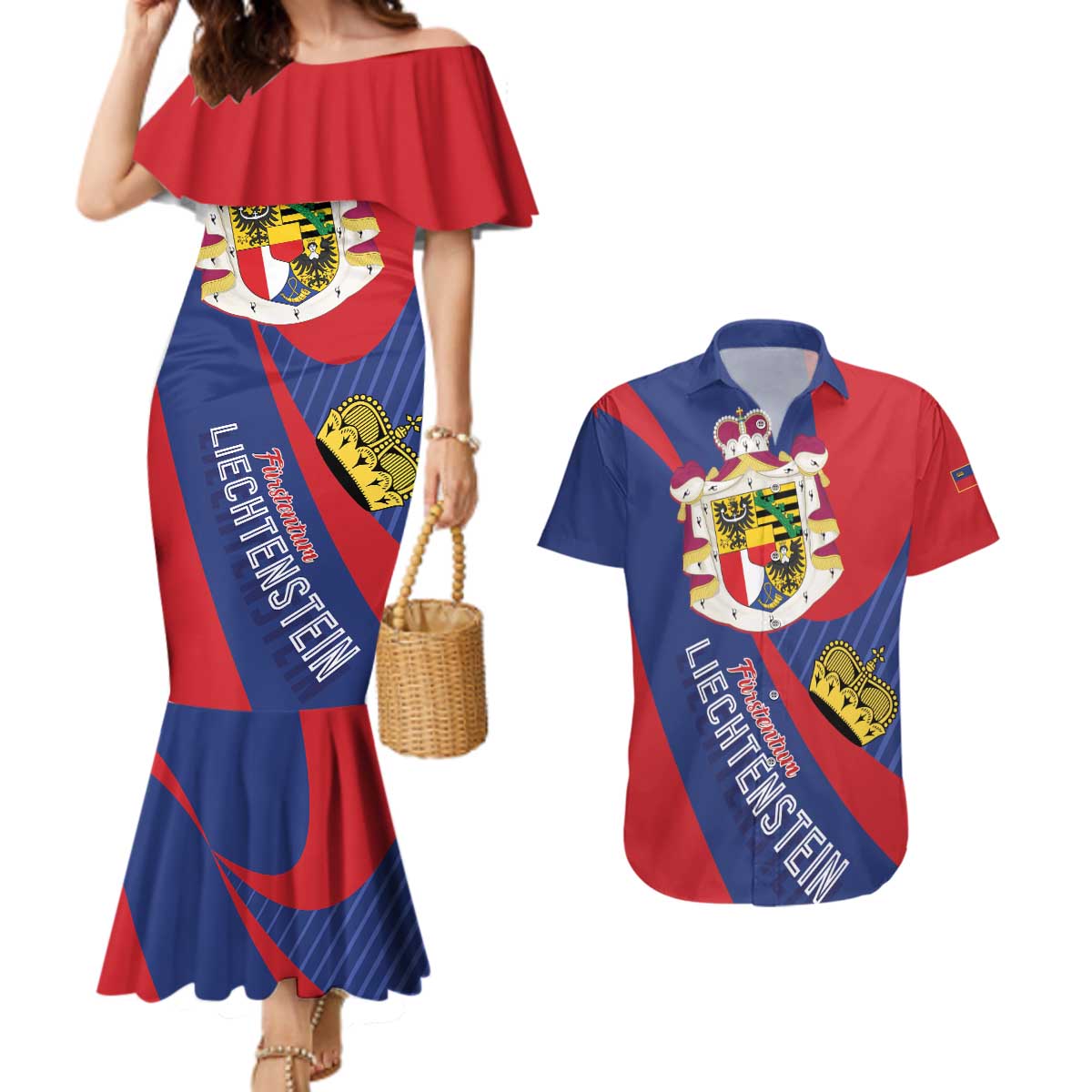 Liechtenstein Couples Matching Mermaid Dress and Hawaiian Shirt Coat Of Arms Blue Red Color - Wonder Print Shop