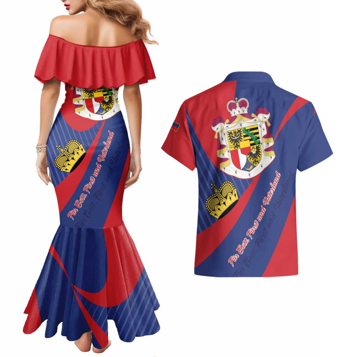 Liechtenstein Couples Matching Mermaid Dress and Hawaiian Shirt Coat Of Arms Blue Red Color - Wonder Print Shop