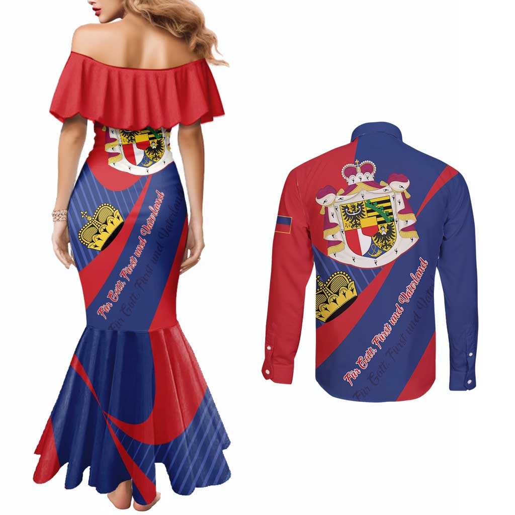 Liechtenstein Couples Matching Mermaid Dress and Long Sleeve Button Shirt Coat Of Arms Blue Red Color