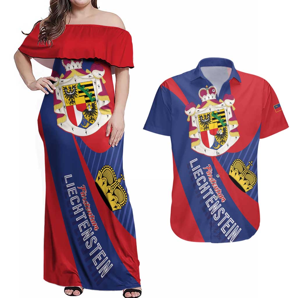 Liechtenstein Couples Matching Off Shoulder Maxi Dress and Hawaiian Shirt Coat Of Arms Blue Red Color - Wonder Print Shop
