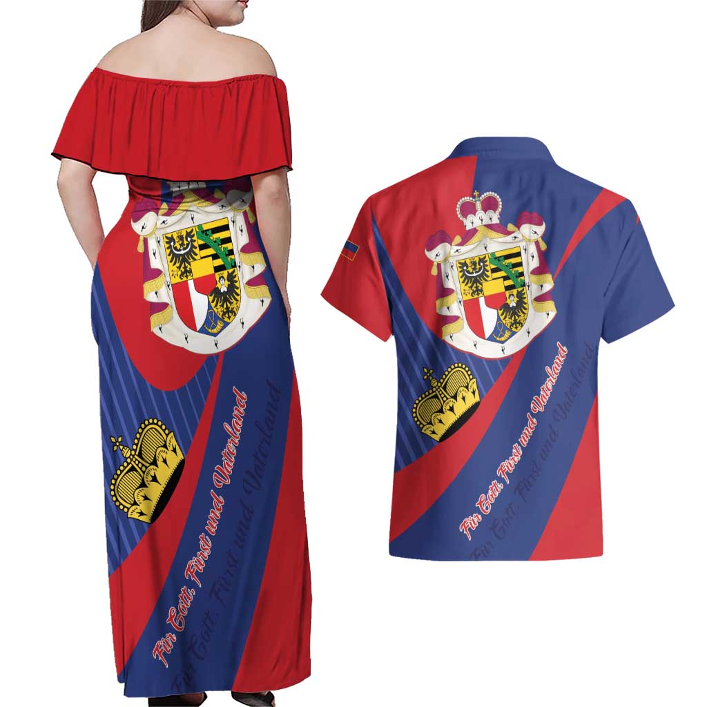 Liechtenstein Couples Matching Off Shoulder Maxi Dress and Hawaiian Shirt Coat Of Arms Blue Red Color - Wonder Print Shop
