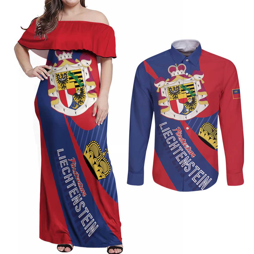 Liechtenstein Couples Matching Off Shoulder Maxi Dress and Long Sleeve Button Shirt Coat Of Arms Blue Red Color - Wonder Print Shop