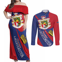 Liechtenstein Couples Matching Off Shoulder Maxi Dress and Long Sleeve Button Shirt Coat Of Arms Blue Red Color - Wonder Print Shop