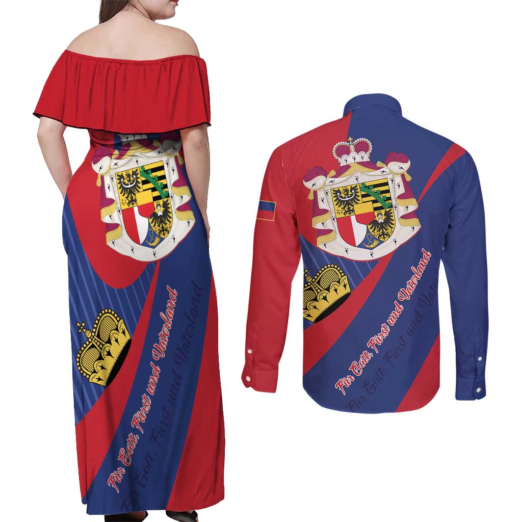Liechtenstein Couples Matching Off Shoulder Maxi Dress and Long Sleeve Button Shirt Coat Of Arms Blue Red Color - Wonder Print Shop