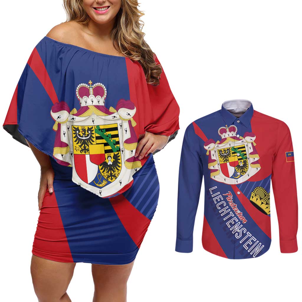 Liechtenstein Couples Matching Off Shoulder Short Dress and Long Sleeve Button Shirt Coat Of Arms Blue Red Color - Wonder Print Shop