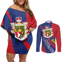 Liechtenstein Couples Matching Off Shoulder Short Dress and Long Sleeve Button Shirt Coat Of Arms Blue Red Color - Wonder Print Shop