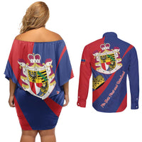 Liechtenstein Couples Matching Off Shoulder Short Dress and Long Sleeve Button Shirt Coat Of Arms Blue Red Color - Wonder Print Shop