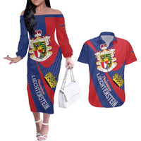 Liechtenstein Couples Matching Off The Shoulder Long Sleeve Dress and Hawaiian Shirt Coat Of Arms Blue Red Color - Wonder Print Shop
