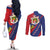 Liechtenstein Couples Matching Off The Shoulder Long Sleeve Dress and Long Sleeve Button Shirt Coat Of Arms Blue Red Color