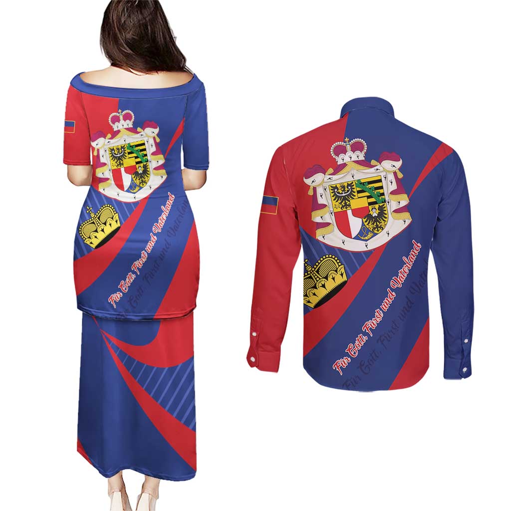 Liechtenstein Couples Matching Puletasi and Long Sleeve Button Shirt Coat Of Arms Blue Red Color - Wonder Print Shop
