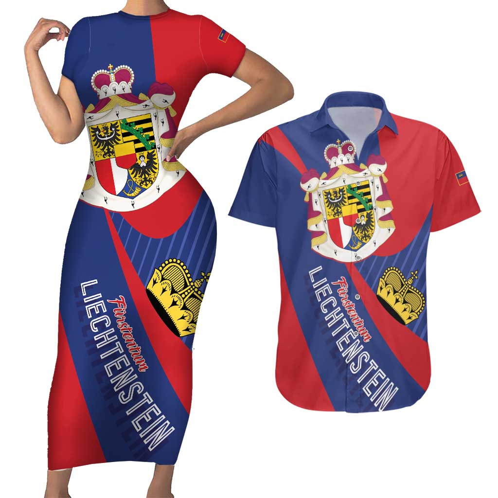 Liechtenstein Couples Matching Short Sleeve Bodycon Dress and Hawaiian Shirt Coat Of Arms Blue Red Color - Wonder Print Shop