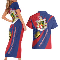 Liechtenstein Couples Matching Short Sleeve Bodycon Dress and Hawaiian Shirt Coat Of Arms Blue Red Color - Wonder Print Shop