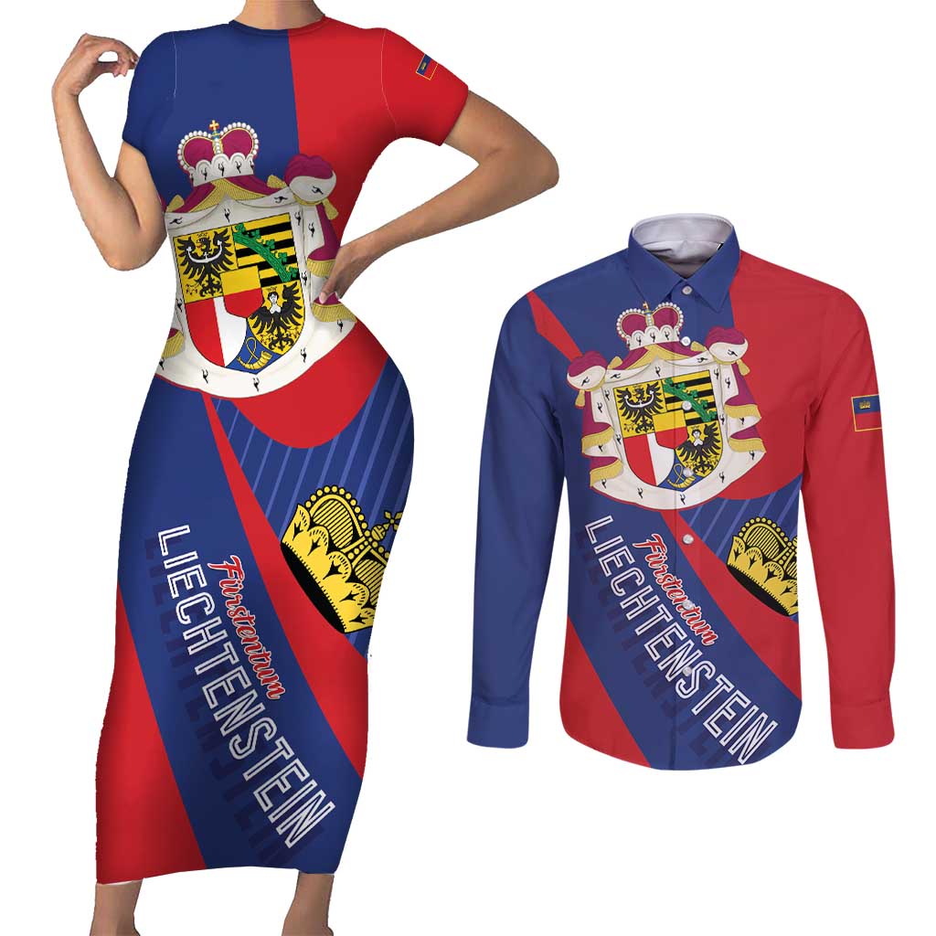 Liechtenstein Couples Matching Short Sleeve Bodycon Dress and Long Sleeve Button Shirt Coat Of Arms Blue Red Color - Wonder Print Shop
